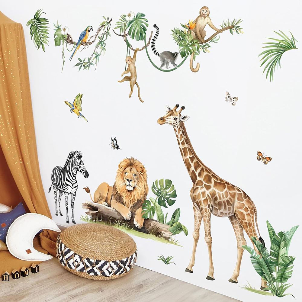 Baby Nursery Wallpaper - Large Jungle Animal Tropical Leaves Wall