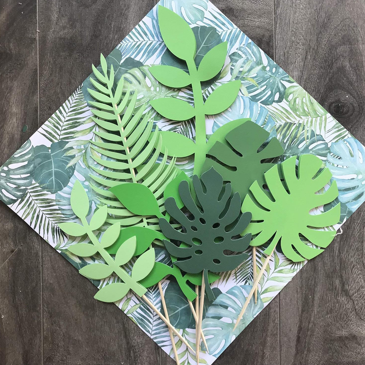Baby Nursery Jungle Theme - 7Pcs Glittery Tropical Leaves Cake Topper
