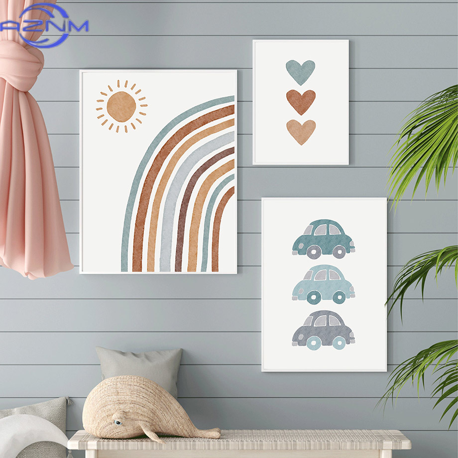 Baby Nursery Pictures - AZNM Boho Bear Car Rainbow Sun