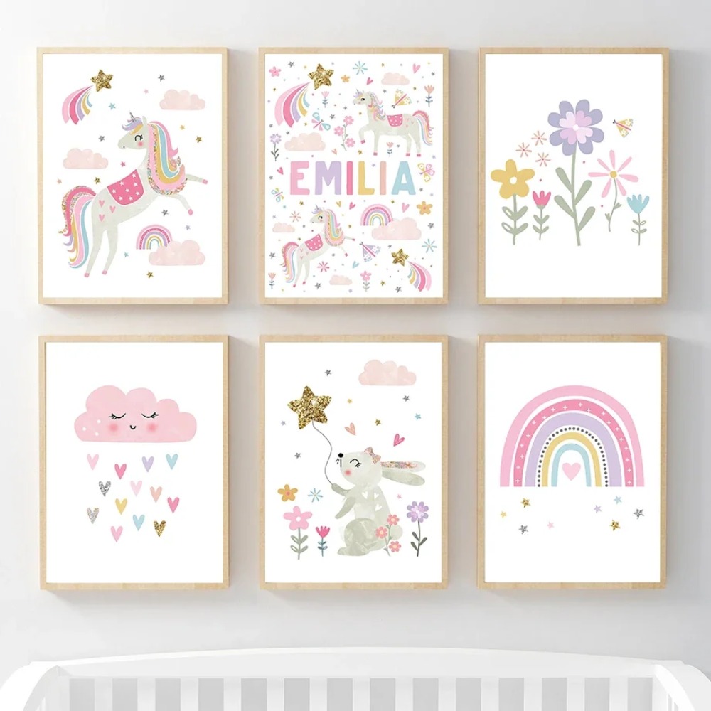 Baby Nursery Pictures - Pink Unicorn Rabbit Rainbow Cloud Flower