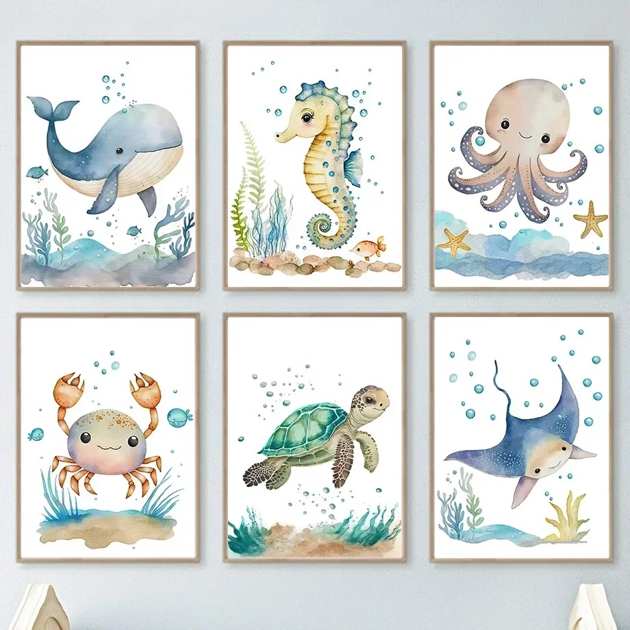 Baby Nursery Pictures - Cute Whale Sea Horse Octopus Crab