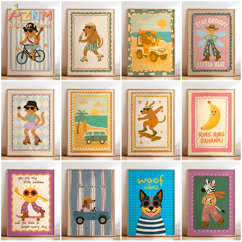 Baby Nursery Pictures - AZNM Retro Groovy Cute Animal Canvas
