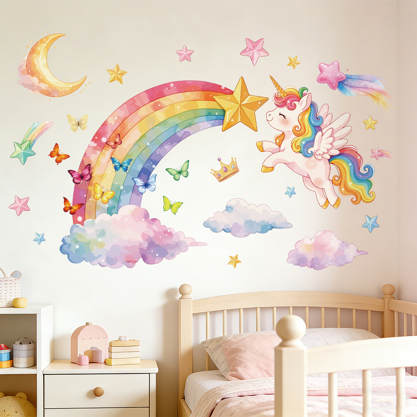 Unicorn Rainbow Butterfly Wall - Baby Nursery Wallpaper avaliação e preço