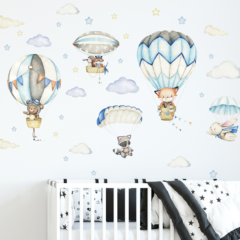 Cartoon Cute Animals Hot Air B - Baby Nursery Wallpaper avaliação e preço