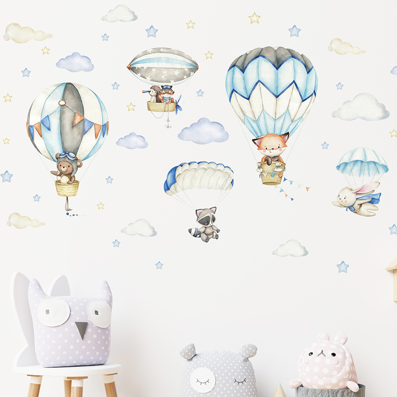 Cartoon Cute Animals Hot Air B - Baby Nursery Wallpaper avaliação e preço