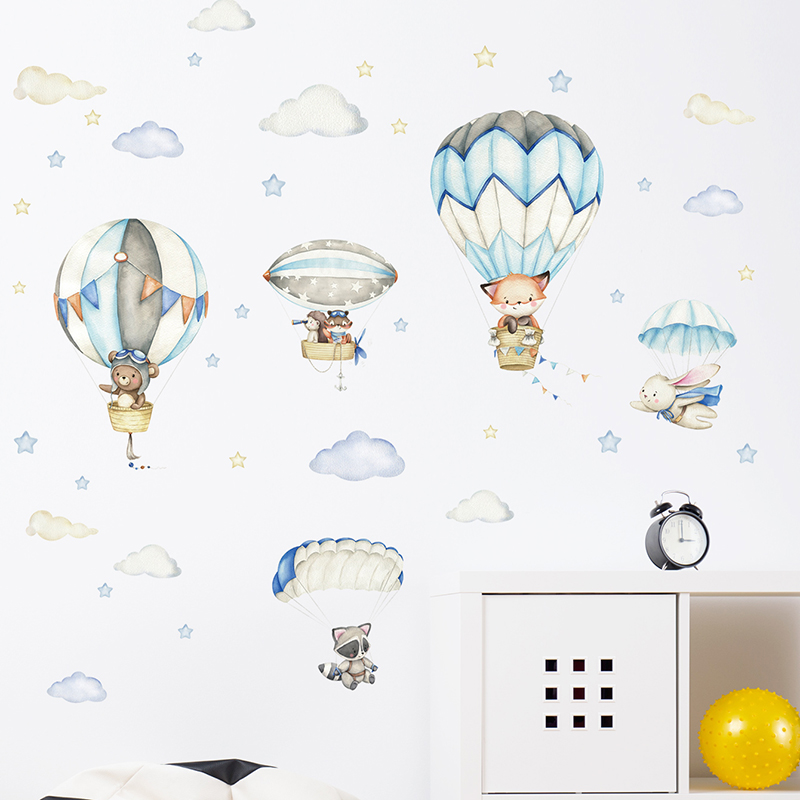 Cartoon Cute Animals Hot Air B - Baby Nursery Wallpaper avaliação e preço