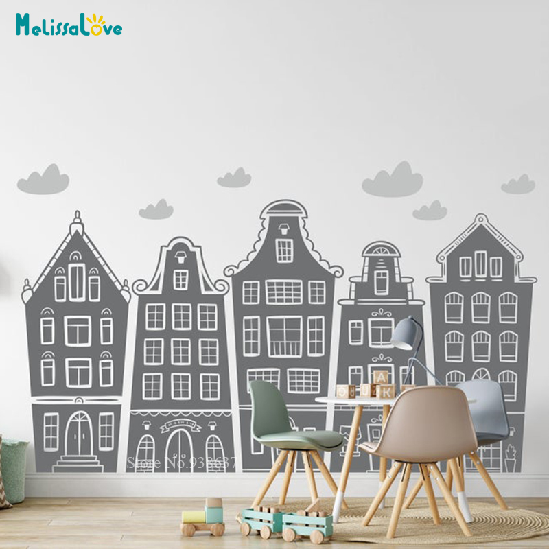 Scandinavian Houses & Clouds D - Baby Nursery Wallpaper avaliação e preço
