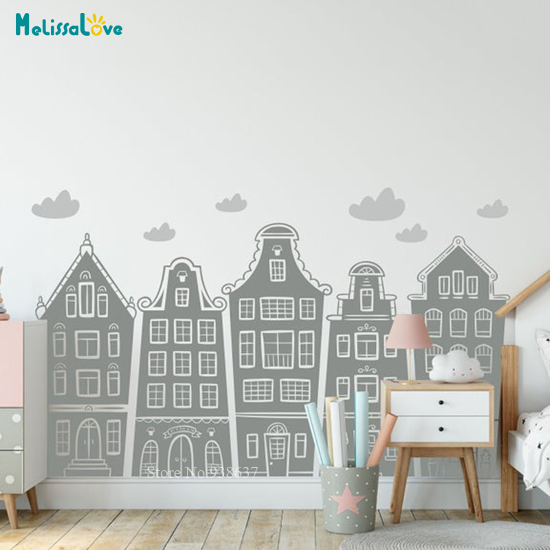 Scandinavian Houses & Clouds D - Baby Nursery Wallpaper avaliação e preço