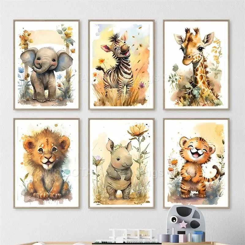 Watercolor Lion Giraffe Tiger  - Baby Nursery Pictures avaliação e preço