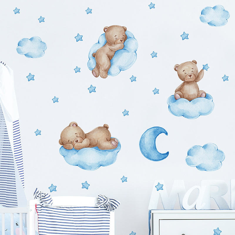 Cartoon Blue Teddy Bear Moon W - Baby Nursery Wallpaper Girl avaliação e preço