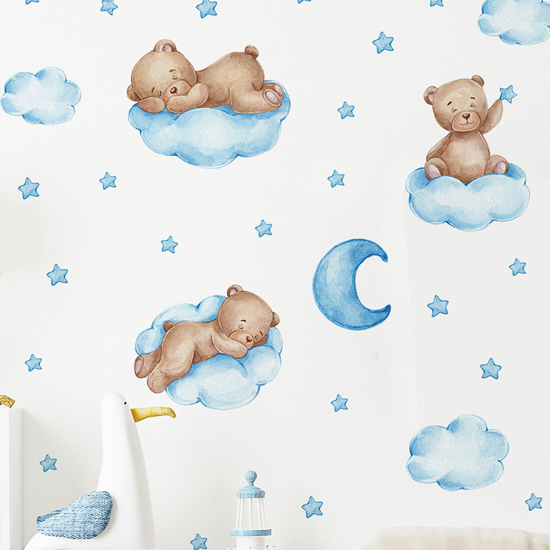 Cartoon Blue Teddy Bear Moon W - Baby Nursery Wallpaper Girl avaliação e preço