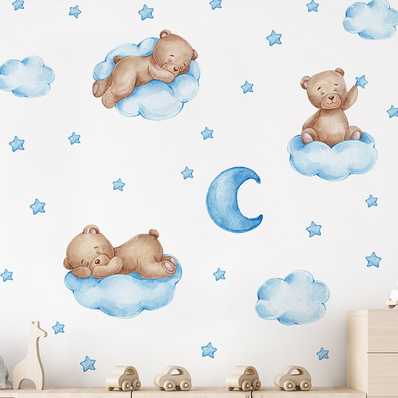 Cartoon Blue Teddy Bear Moon W - Baby Nursery Wallpaper Girl avaliação e preço